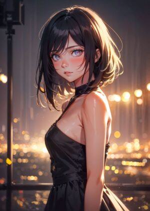 Anime Girl Rukia: Night in the City - Premium Wooden Framed Poster. Ready to Hang.