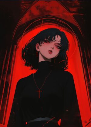 Signum Crucis: Dark Anime Girl Art Print - Premium Wooden Framed Poster. Ready to Hang.