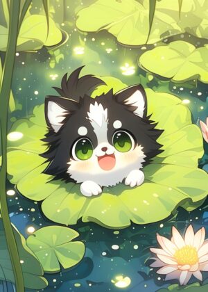 Adorable Fluffy Puppy in a Lotus Pond - Premium Wooden Framed Poster. Ready to Hang.