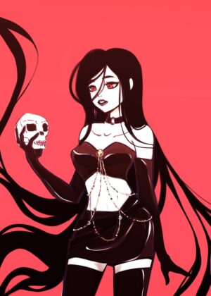 Gothic Anime Girl with Skull - Dramatic Monologue Artwork - Premium Wooden Framed Poster. Ready to Hang.