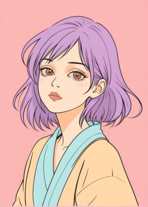 Anime Girl in Yukata: Pastel Dreams - Premium Wooden Framed Poster. Ready to Hang.