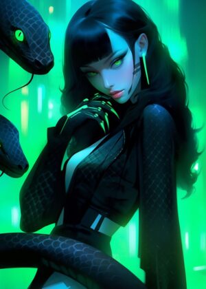 Cyberpunk Serpentina: Anime Girl Digital Art Print - Premium Wooden Framed Poster. Ready to Hang.