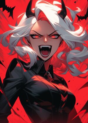 Fiery Anime Girl with Devilish Charm - Premium Wooden Framed Poster. Ready to Hang.