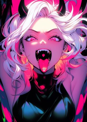 Cyberpunk Demon Girl: Neon Dreams - Premium Wooden Framed Poster. Ready to Hang.