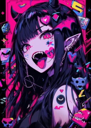 Cyberpunk Kawaii Demon Girl Art Print - Premium Wooden Framed Poster. Ready to Hang.