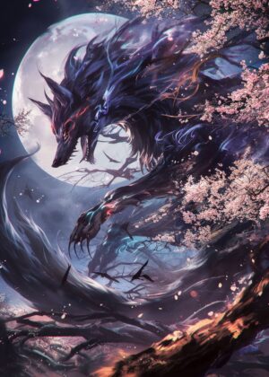 Mystical Black Kitsune Fox in Blossom - Premium Wooden Framed Poster. Ready to Hang.