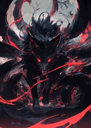 Black Kitsune Power: Unleash the Darkness - Premium Wooden Framed Poster. Ready to Hang.