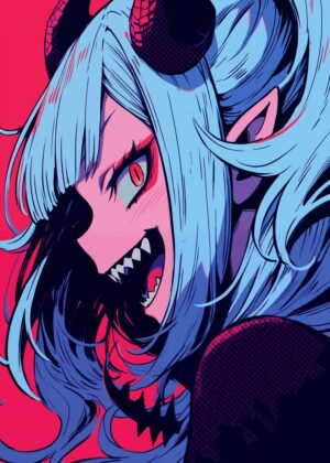 Fierce Anime Monster Girl Art Print - Premium Wooden Framed Poster. Ready to Hang.