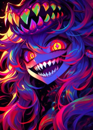 Neon Nightmare: Anime Monster Girl Art Print - Premium Wooden Framed Poster. Ready to Hang.