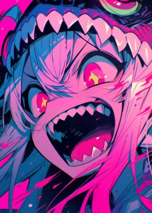 Screaming Anime Monster Girl Art Print - Premium Wooden Framed Poster. Ready to Hang.