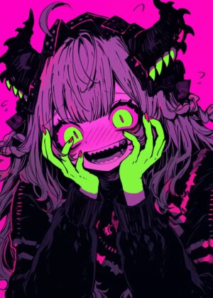 Anime Monster Girl Art Print: Neon Nightmare - Premium Wooden Framed Poster. Ready to Hang.