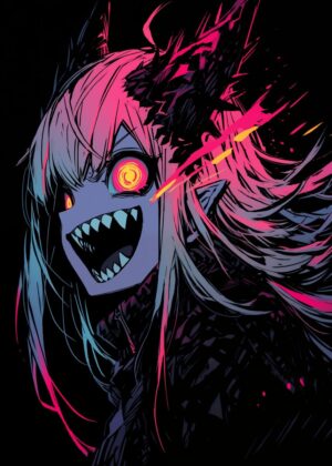 Neon Demon Girl Anime Art Print - Premium Wooden Framed Poster. Ready to Hang.