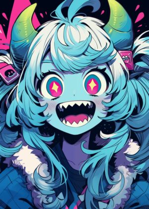 Vibrant Anime Monster Girl Art Print - Premium Wooden Framed Poster. Ready to Hang.