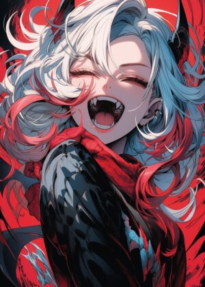 Adorable Anime Girl with Devilish Charm - Premium Wooden Framed Poster. Ready to Hang.