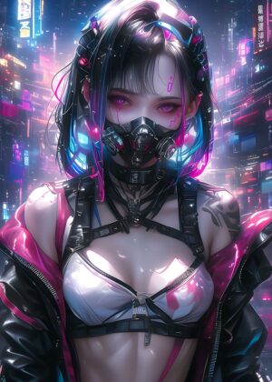 Cyberpunk Zombie Girl: Neon City Dreams - Premium Wooden Framed Poster. Ready to Hang.
