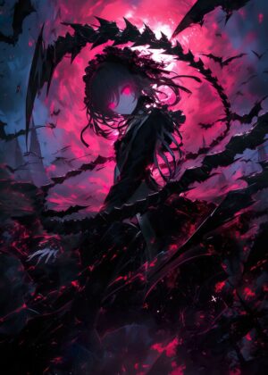 Anim Bloodmoon Girl: Dark Fantasy Anime Art Print - Premium Wooden Framed Poster. Ready to Hang.