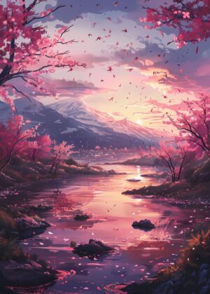 Anime Landscape: Serene Sunset over Sakura-Blossomed River - Premium Wooden Framed Poster. Ready to Hang.