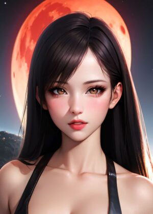 Black Long Hair Anime Girl Under Blood Moon - Premium Wooden Framed Poster. Ready to Hang.
