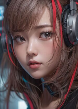 Anime Girl with Headphones: Digital Art Print - Premium Wooden Framed Poster. Ready to Hang.