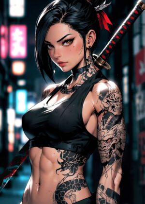 Cyberpunk Anime Girl with Katana - Premium Wooden Framed Poster. Ready to Hang.