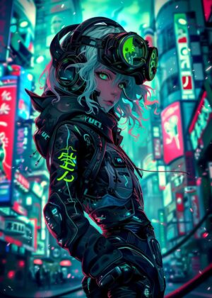 Cyberpunk Combat Girl: Neon City Warrior - Premium Wooden Framed Poster. Ready to Hang.
