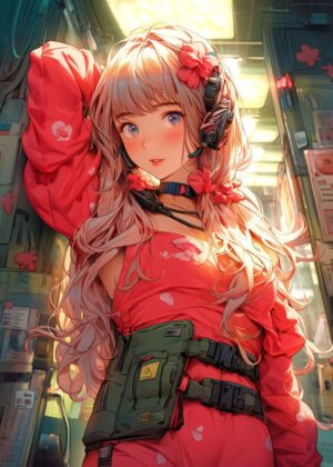 Anime Girl in Red Outfit with Headphones: Digital Art Print - Premium Wooden Framed Poster. Ready to Hang.