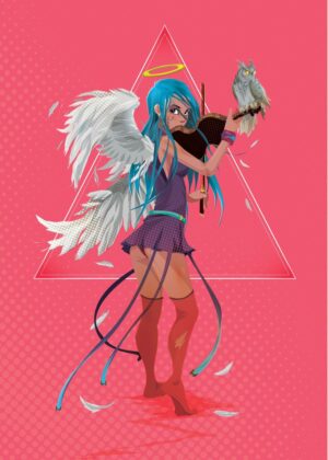 Angelic Violinist with Owl Companion - Premium Wooden Framed Poster. Ready to Hang.