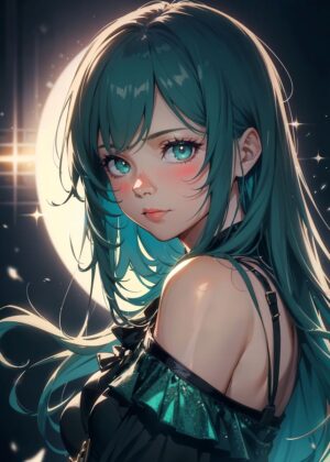 Enchanting Anime Girl with Teal Hair - Premium Wooden Framed Poster. Ready to Hang.