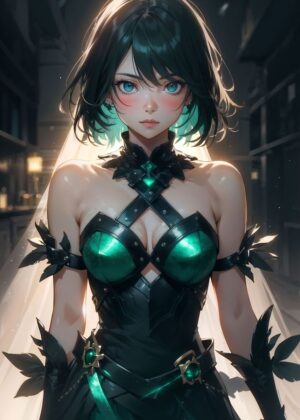 Anime Girl in Emerald and Black Gown - Premium Wooden Framed Poster. Ready to Hang.