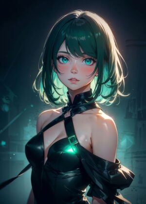 Stunning Anime Girl Artwork: Teal Hair and Mystical Aura - Premium Wooden Framed Poster. Ready to Hang.