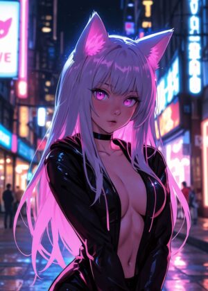 Cyberpunk Catgirl: Neon Nights Anime Art Print - Premium Wooden Framed Poster. Ready to Hang.