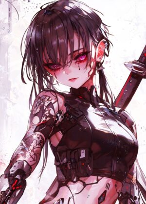 Cyberpunk Anime Girl with Katana - Premium Wooden Framed Poster. Ready to Hang.