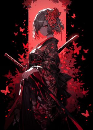 Crimson Samurai: Anime Girl Artwork - Premium Wooden Framed Poster. Ready to Hang.