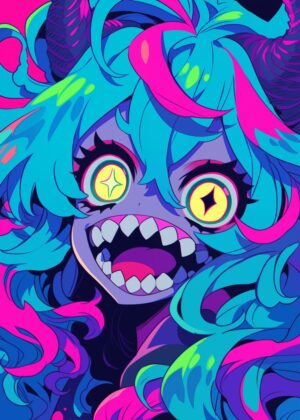 Vibrant Anime Monster Girl Art Print - Premium Wooden Framed Poster. Ready to Hang.