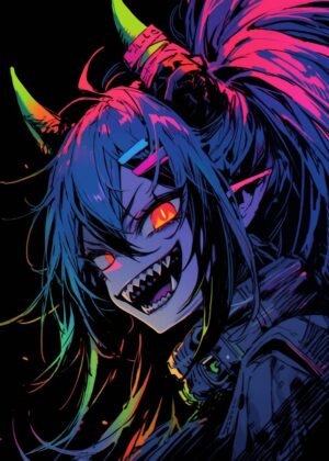 Neon Demon Girl Anime Art Print - Premium Wooden Framed Poster. Ready to Hang.