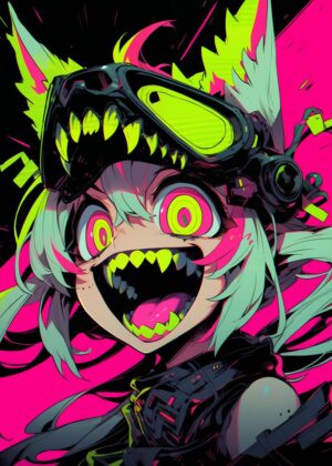 Neon Monster Girl Anime Art Print - Premium Wooden Framed Poster. Ready to Hang.