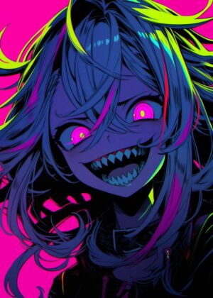 Neon Nightmare: Anime Monster Girl Art Print - Premium Wooden Framed Poster. Ready to Hang.