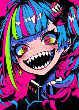 Neon Nightmare: Anime Monster Girl Art Print - Premium Wooden Framed Poster. Ready to Hang.