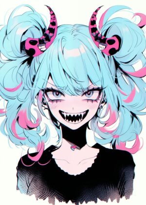 Kawaii Anime Monster Girl Art Print - Premium Wooden Framed Poster. Ready to Hang.