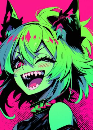 Vibrant Anime Monster Girl Art Print - Premium Wooden Framed Poster. Ready to Hang.