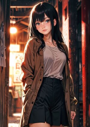 Adorable Anime Girl in Urban Setting - Premium Wooden Framed Poster. Ready to Hang.