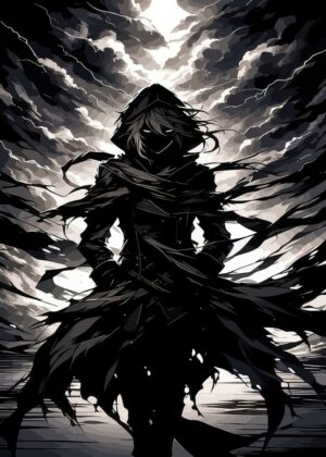 Dark Anime Figure in Stormy Skies - Premium Wooden Framed Poster. Ready to Hang.