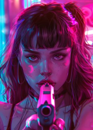 Neon Retro Gun Girl: Cyberpunk Art Print - Premium Wooden Framed Poster. Ready to Hang.