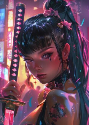 Neon Retro Katana Girl: Cyberpunk Samurai Art Print - Premium Wooden Framed Poster. Ready to Hang.