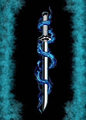 Blue Fire Sword: Fiery Anime-Inspired Artwork - Premium Wooden Framed Poster. Ready to Hang.