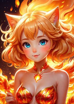 Cute Anime Fiery Fox Girl Art Print - Premium Wooden Framed Poster. Ready to Hang.