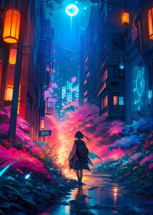 Anime Rainy Town Night: Digital Art Print - Premium Wooden Framed Poster. Ready to Hang.