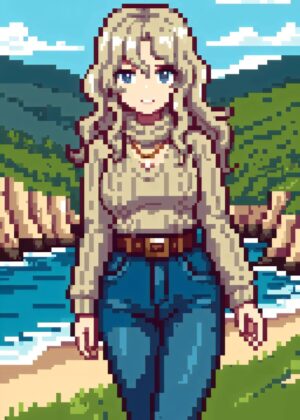 Pixel Art Girl by the Sea - Premium Wooden Framed Poster. Ready to Hang.