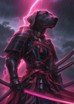 Samurai Dog: A Digital Art Print of a Labrador Retriever in Armor - Premium Wooden Framed Poster. Ready to Hang.