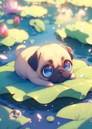 Adorable Anime Pug in a Serene Lotus Pond - Premium Wooden Framed Poster. Ready to Hang.